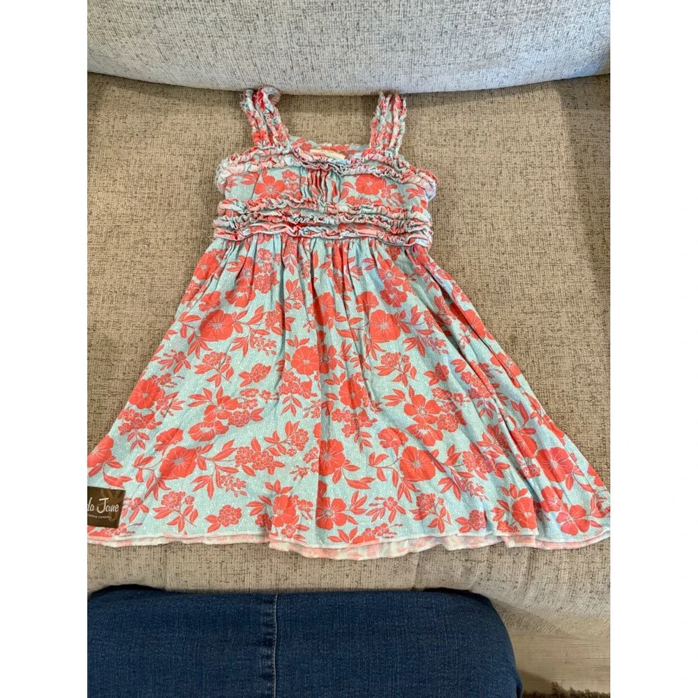 Matilda Jane Girls Coral Blue Floral Ruffle Dress Size 2 Sleeveless Knit Smocked